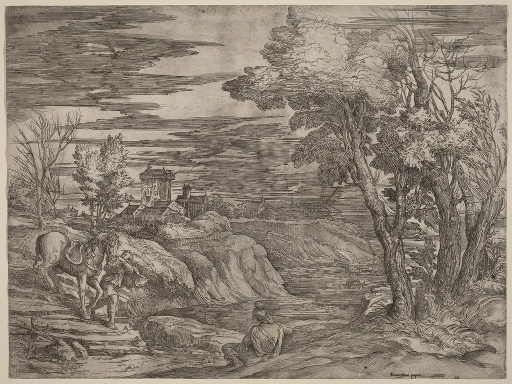 Landscape with a Man Leading a Horse, by Battista Franco, ink, 1530