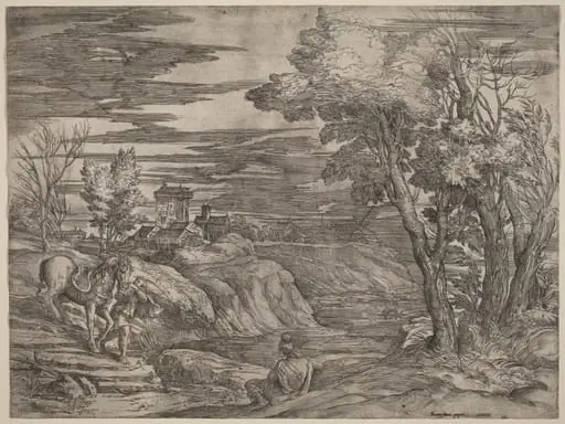 Landscape with a Man Leading a Horse, by Battista Franco, ink, 1530