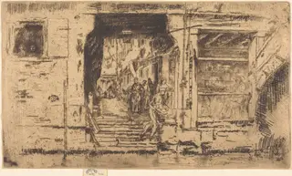 Fish-Shop, Venice, by James McNeill Whistler, ink, 1880