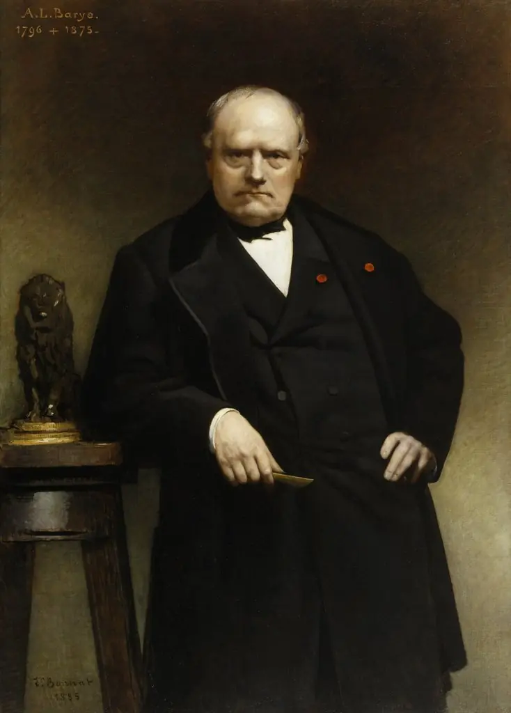 Portrait of Barye with a Wax Model of "Seated Lion", by Léon Bonnat, oil, 1893