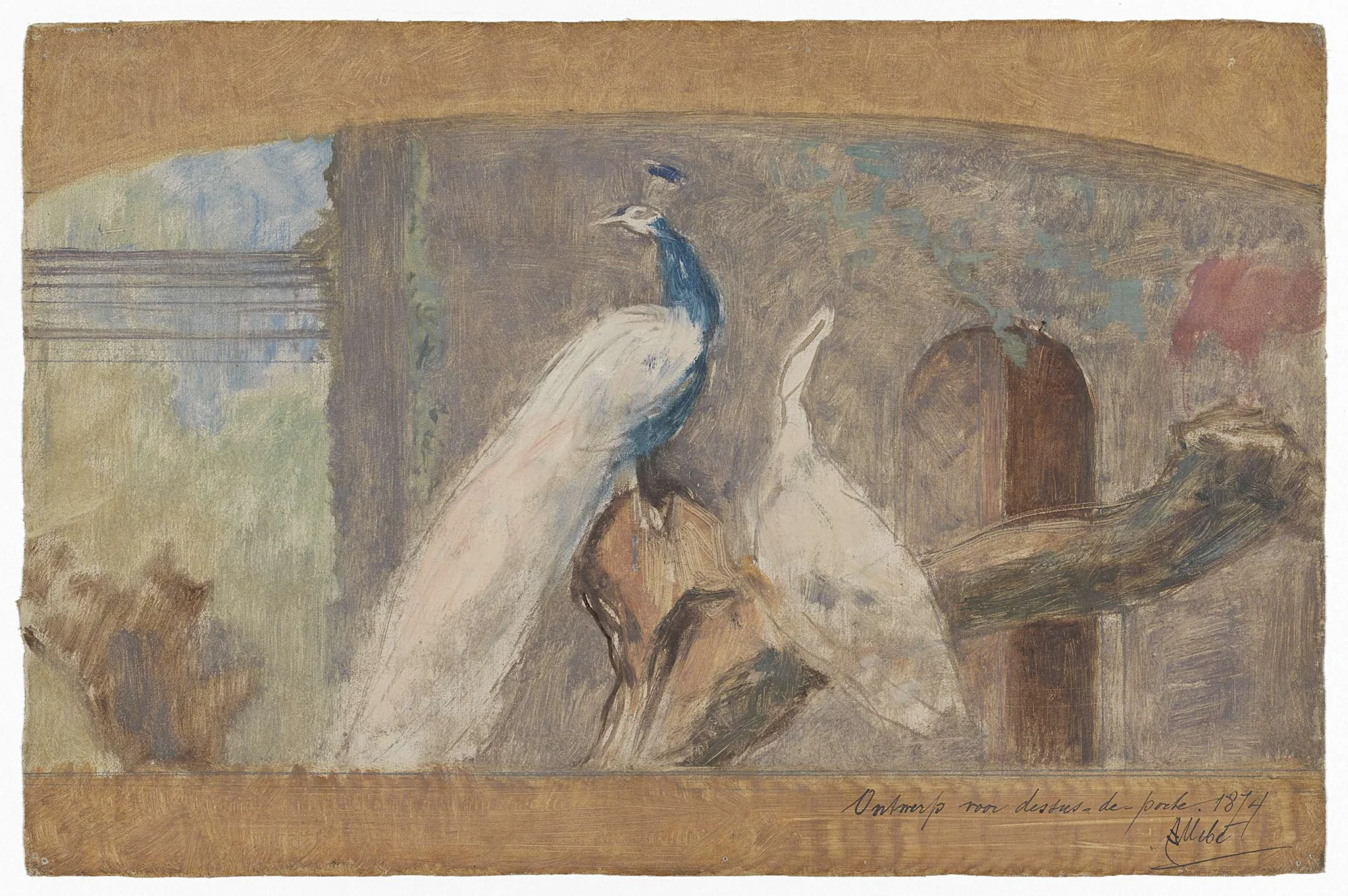 Ontwerp voor een dessus-de-porte: tak met pauw en andere vogels, detail