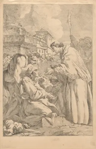 Saint Charles Borromeo Distributing Communion to the Victims of the Plague of 1576 in Milan, by Jean-Baptiste-Marie Pierre, ink, 1760