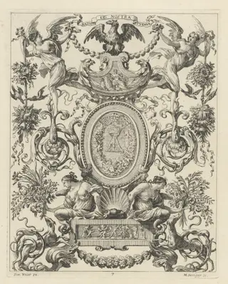 Ornamental Panel Surmounted by an Eagle and the Motto NATOS ET NOSTRA TUEMUR, by Michel Dorigny, ink, 1647