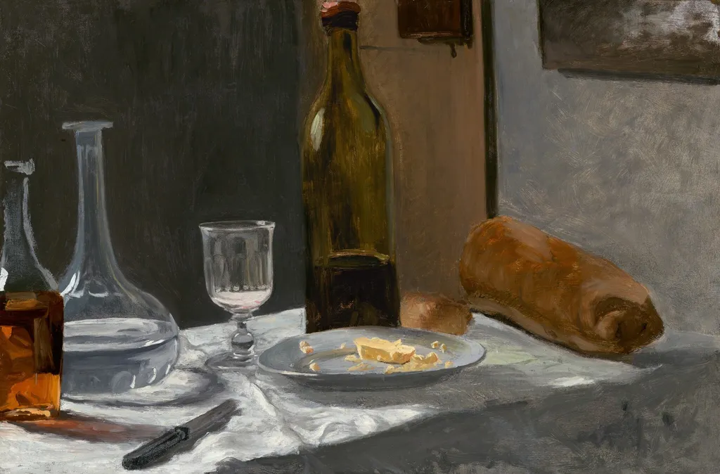Still Life with Bottle, Carafe, Bread, and Wine, by Claude Monet, oil, 1862