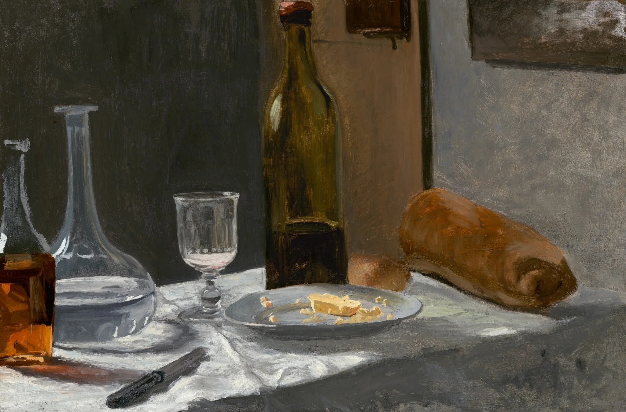 Still Life with Bottle, Carafe, Bread, and Wine, detail