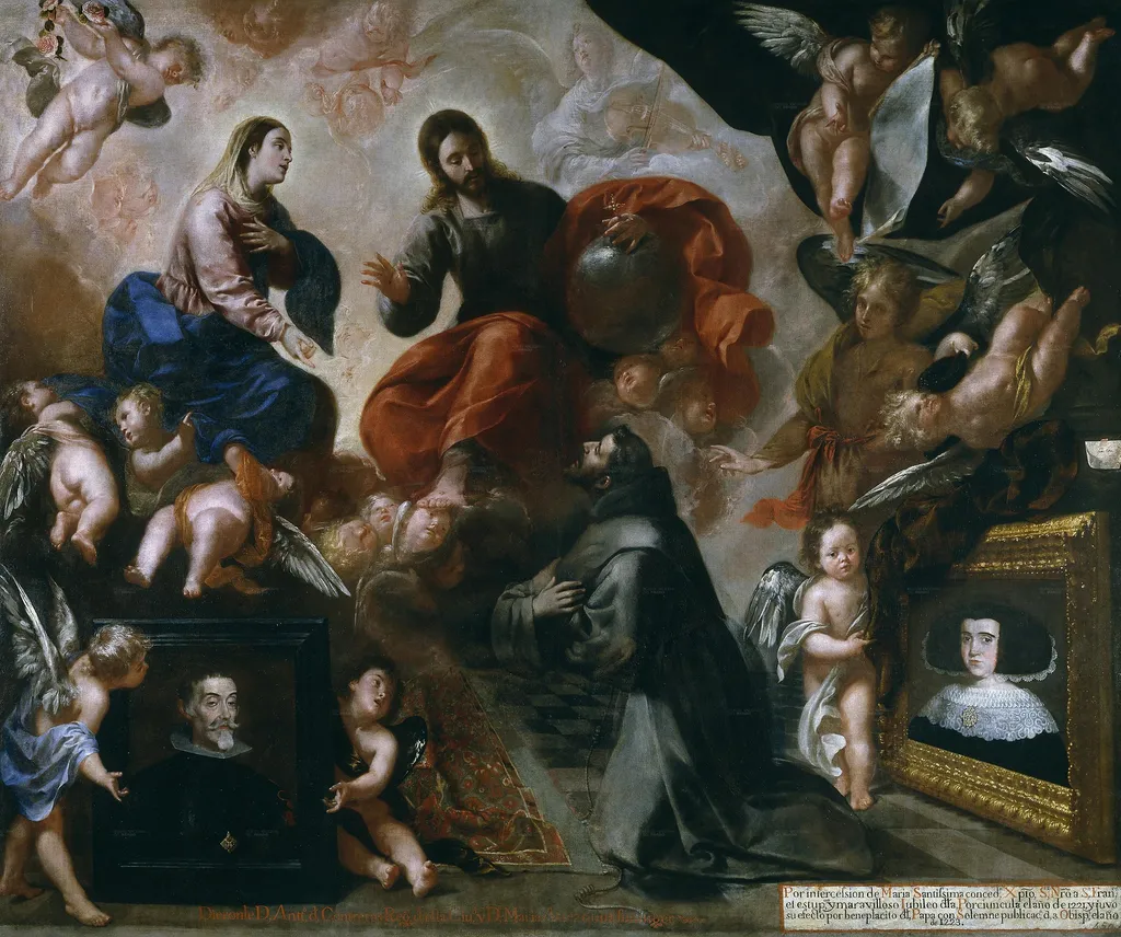 Saint Francis of Assisi in the Porziuncola with the Donors Antonio Contreras and María Amezquita, by Francisco Caro, oil, 1659