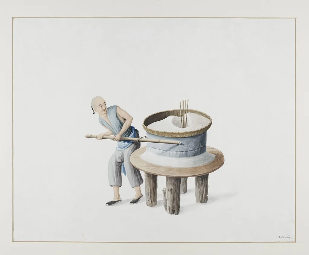 A Miller Grinding Wheat, by Puqua, paint, 1790