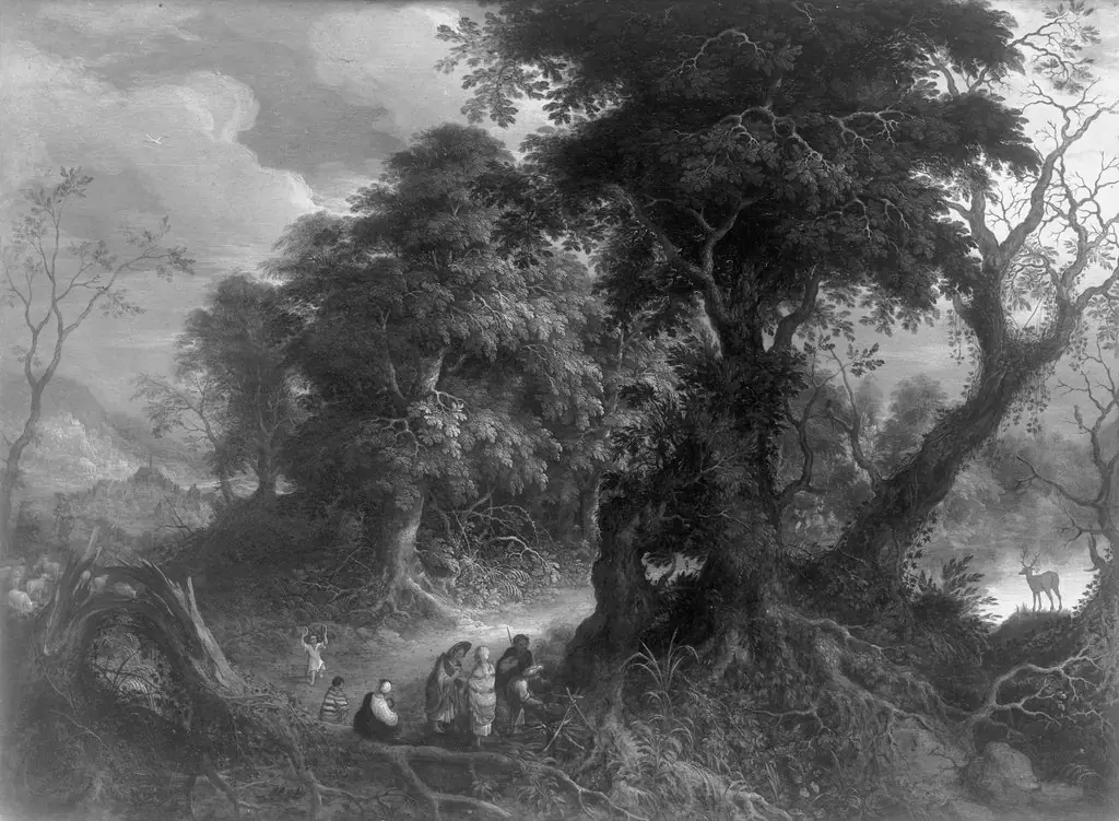 The rest in the deciduous forest, by Abraham Govaerts, paint, 1617