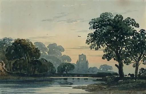 River scene with church in the background, by John Varley, watercolor, 1800