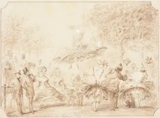 "Taking the Air" in Hyde Park [verso], by George Cruikshank, ink, 1865
