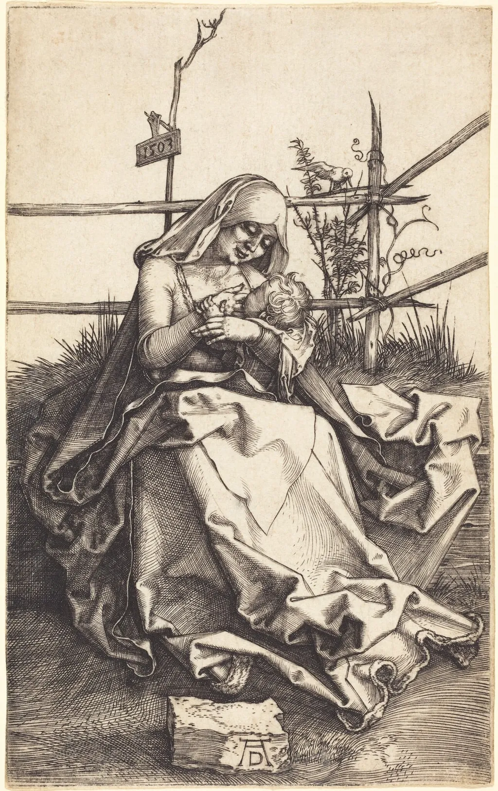 The Virgin and Child on a Grassy Bench, by Albrecht Dürer, ink, 1503