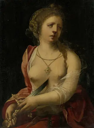 The suicide of Lucretia, by Master with the Parrot, oil, 1500