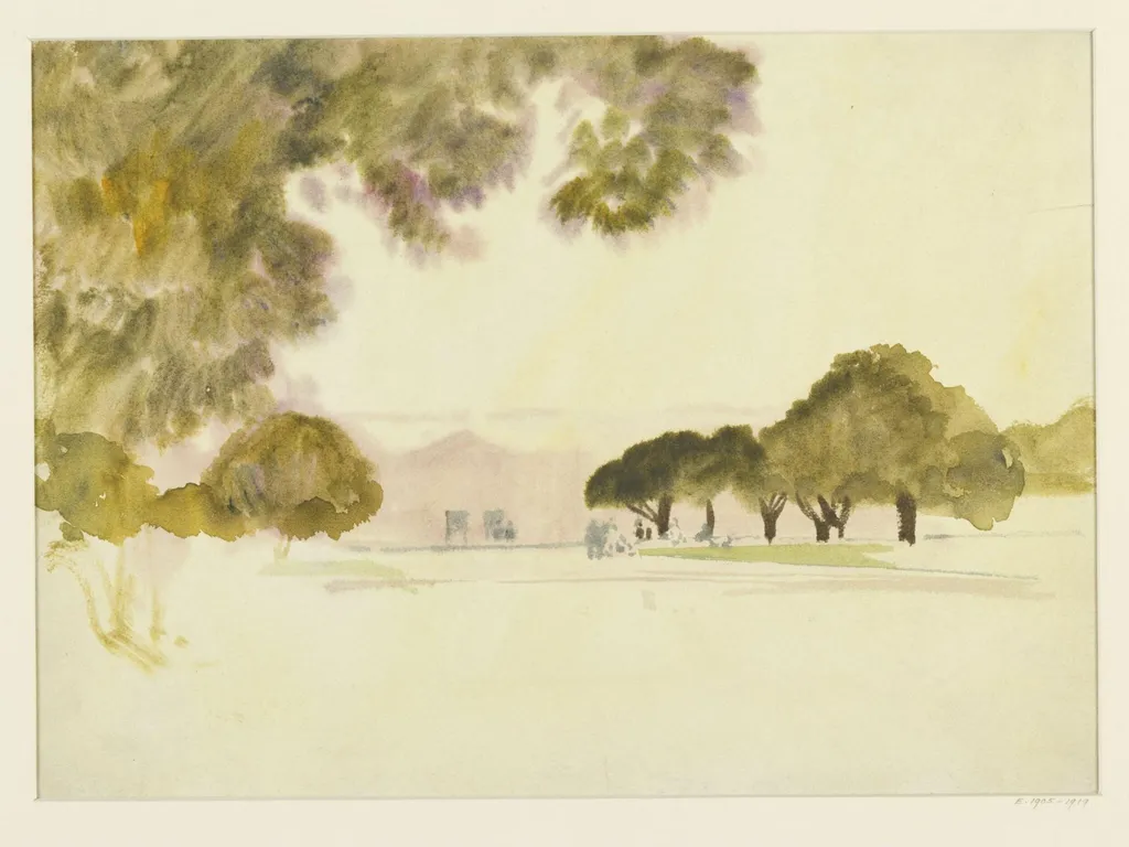 Study : lawn and trees : hills in the distance, by Alfred East, 1850