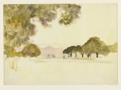 Study : lawn and trees : hills in the distance, by Alfred East, 1850