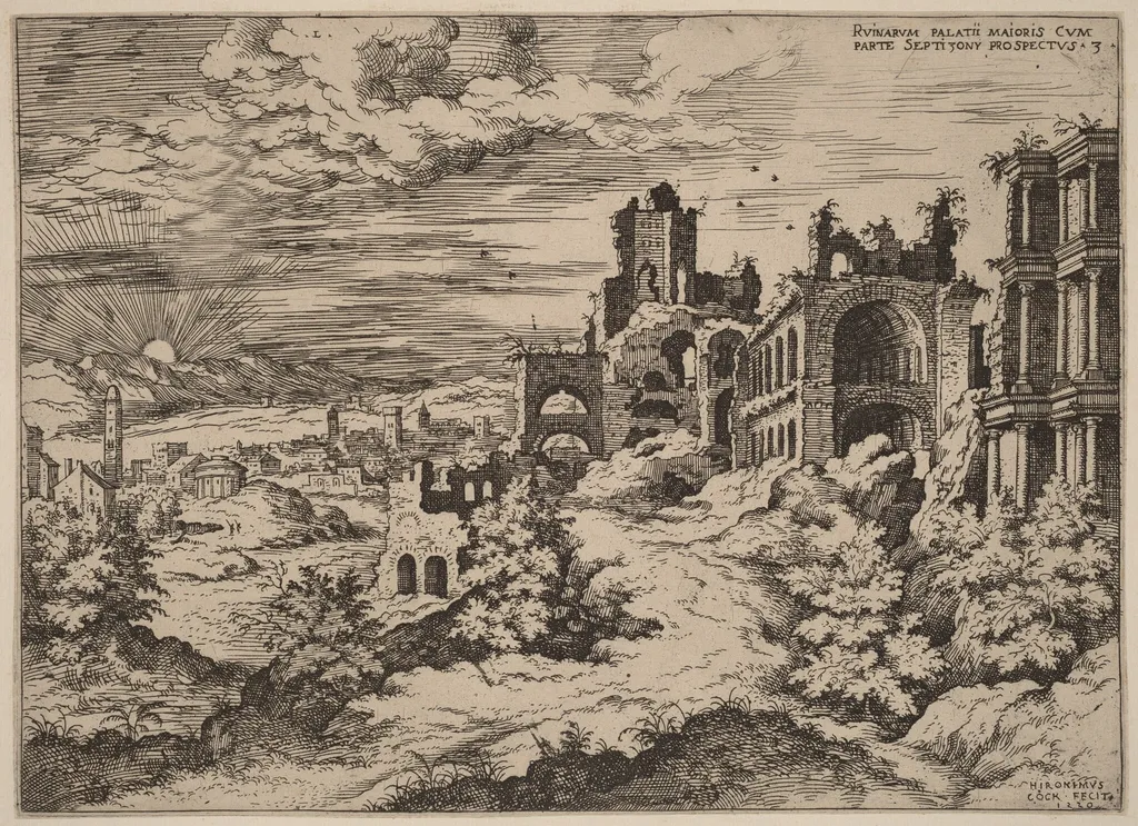 Ruins on the Palatine with a Panoramic Landscape, by Hieronymus Cock, ink, 1550