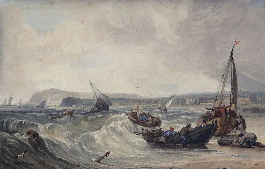 Sandown Bay on the Isle of Wight, with Dunnose Point in the distance, by Henry Wyatt, watercolor, 1830