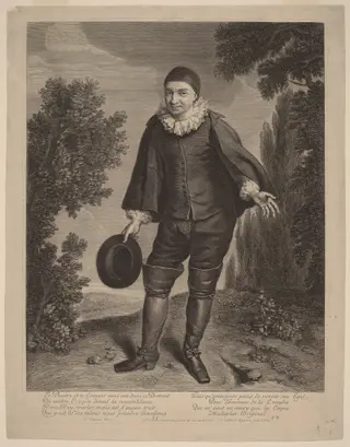 Raimond Poisson as Crispin, by Gerard Edelinck, ink, 1674