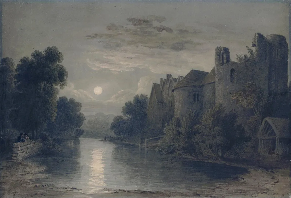 Allington Castle, near Maidstone, Kent. Moonlight, by James Baynes, watercolor, 1825