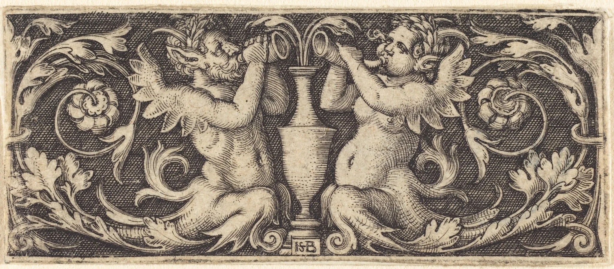 Ornament with a Couple of Tritons Blowing Horns, detail