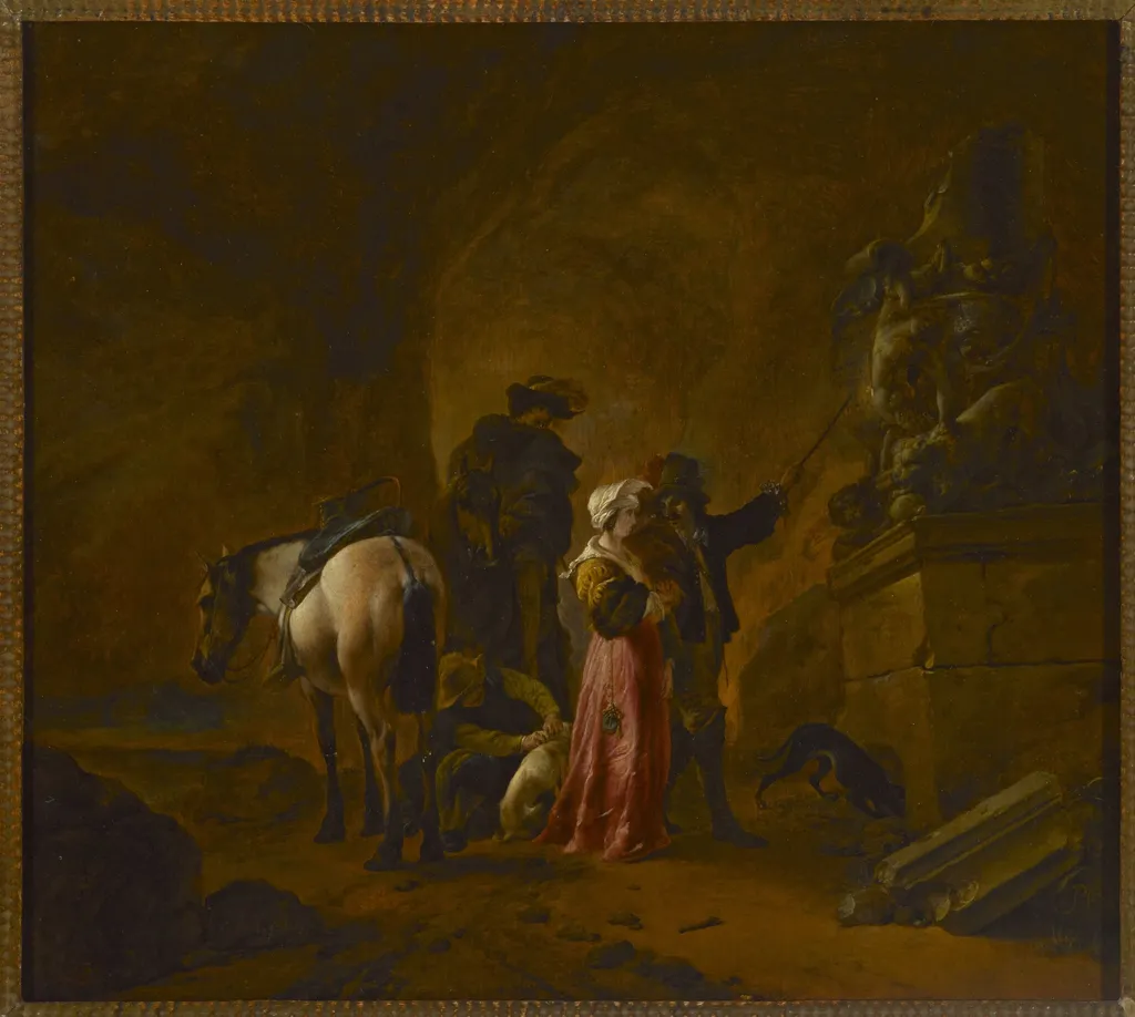 Travellers in a cave, by Philips Wouwerman, oil, 1653