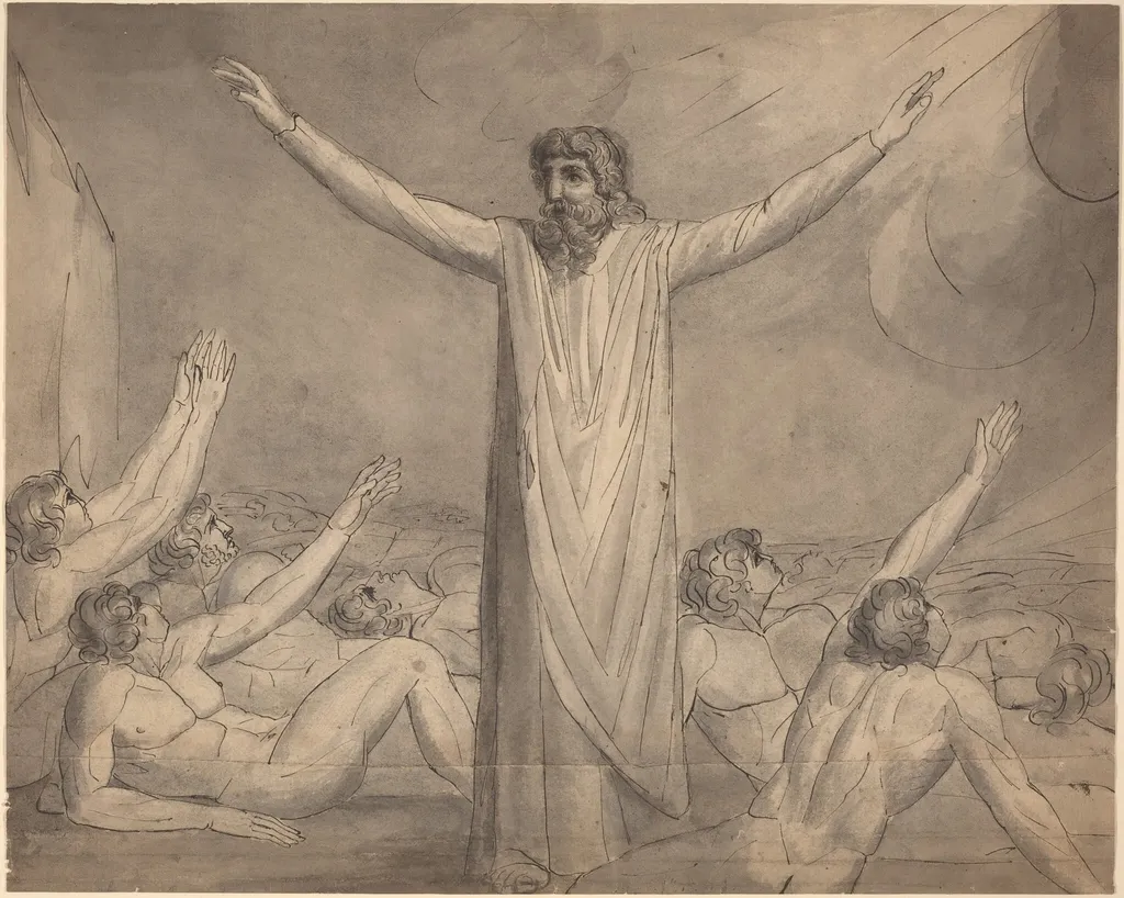 Moses Staying the Plague (?) [recto], by William Blake, ink, 1782