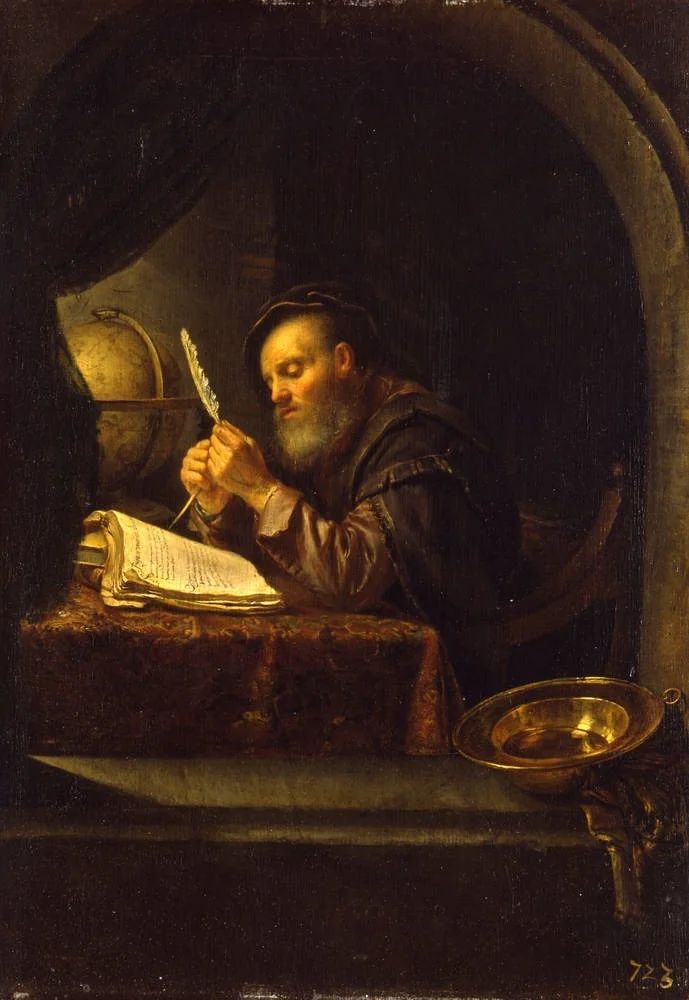 An Old Scholar sharpening his Quill Pen, detail