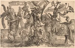 The Nine Heroes:  Arthur, Charles the Great (Charlemagne), Godfrey of Bouillon, by Lucas van Leyden, 1516