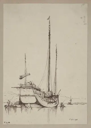 A junk with smaller craft alongside, by George Chinnery, 15