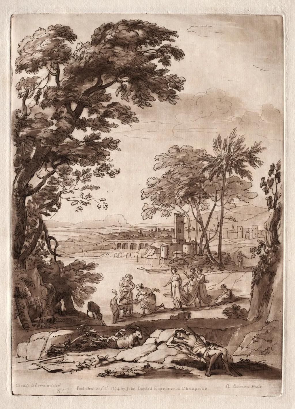 Liber Veritatis:  No. 47, A River Scene with the Finding of Moses, by Richard Earlom, 1774