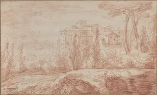 An Italian Walled Town Seen through Trees, by François Le Moyne, chalk, 1724