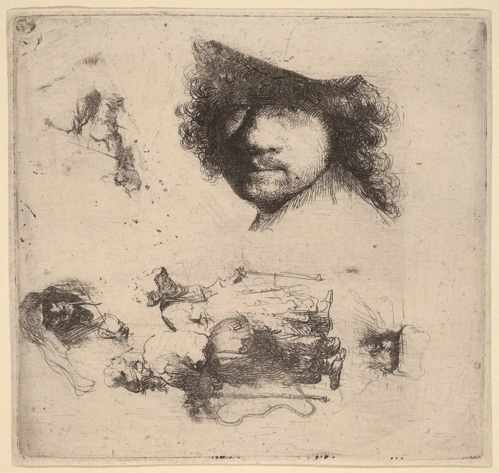 Sheet of Studies including Head of the Artist, a Beggar Couple, Heads of an Old Man and Old Woman, by Rembrandt van Rijn, ink, 1632