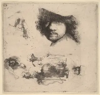 Sheet of Studies including Head of the Artist, a Beggar Couple, Heads of an Old Man and Old Woman, by Rembrandt van Rijn, ink, 1632