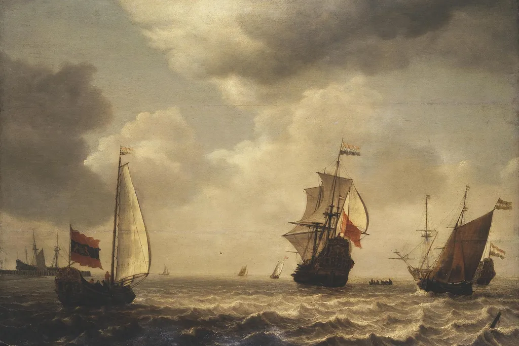 Stormy Sea with Sailing Ships, by Simon de Vlieger, oil, 1640