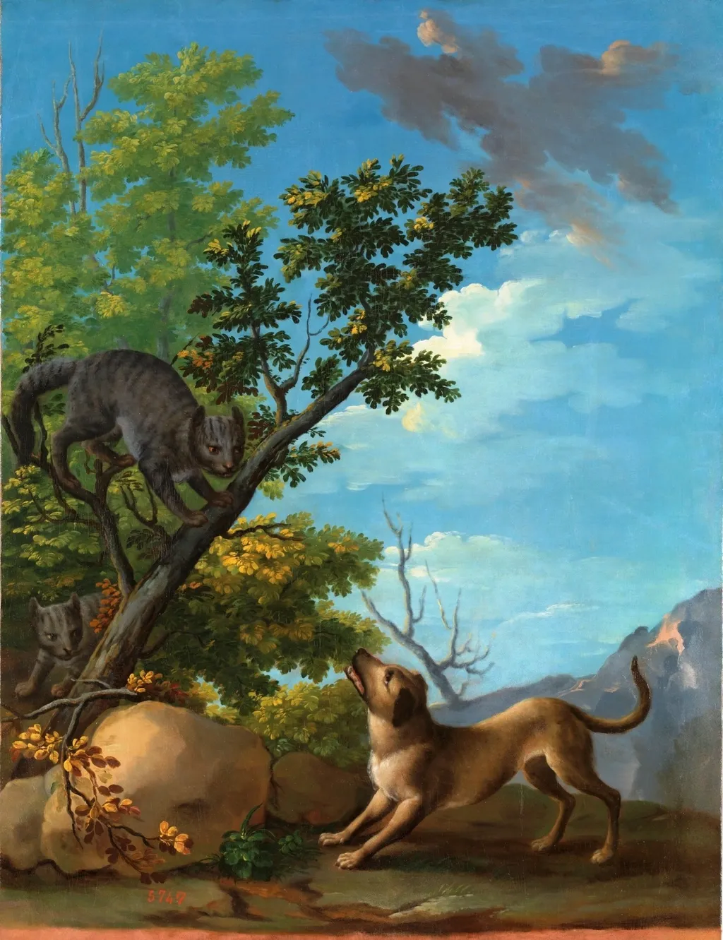 Perro y gatos, by Ginés Andrés de Aguirre, oil, 1775