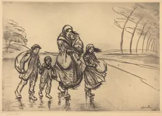 In the Rain: Mother and Children (Sous la pluie: La mere et les enfants), by Théophile Alexandre Steinlen, ink, 1915