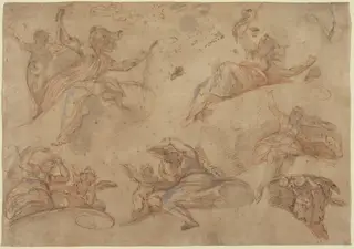 Allegorical Figures Seen from Below, by Domenico Maria Canuti, ink, 1652