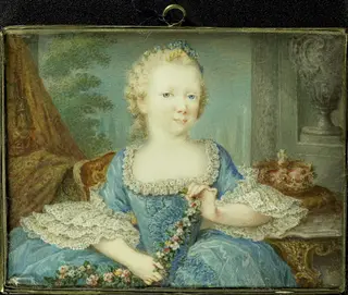Wilhelmina Carolina (Carolina; 1743-87), prinses van Oranje-Nassau, dochter van Willem IV en zuster van Willem V, als kind, by Robert Mussard, unspecified, 1749