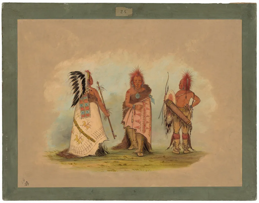 A Pawnee Chief with Two Warriors, by George Catlin, oil, 1865