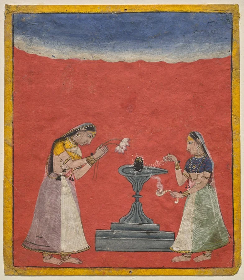 Women worshiping a Shiva linga: Devagandhari Ragini of Hindol Raga, from a Ragamala, detail