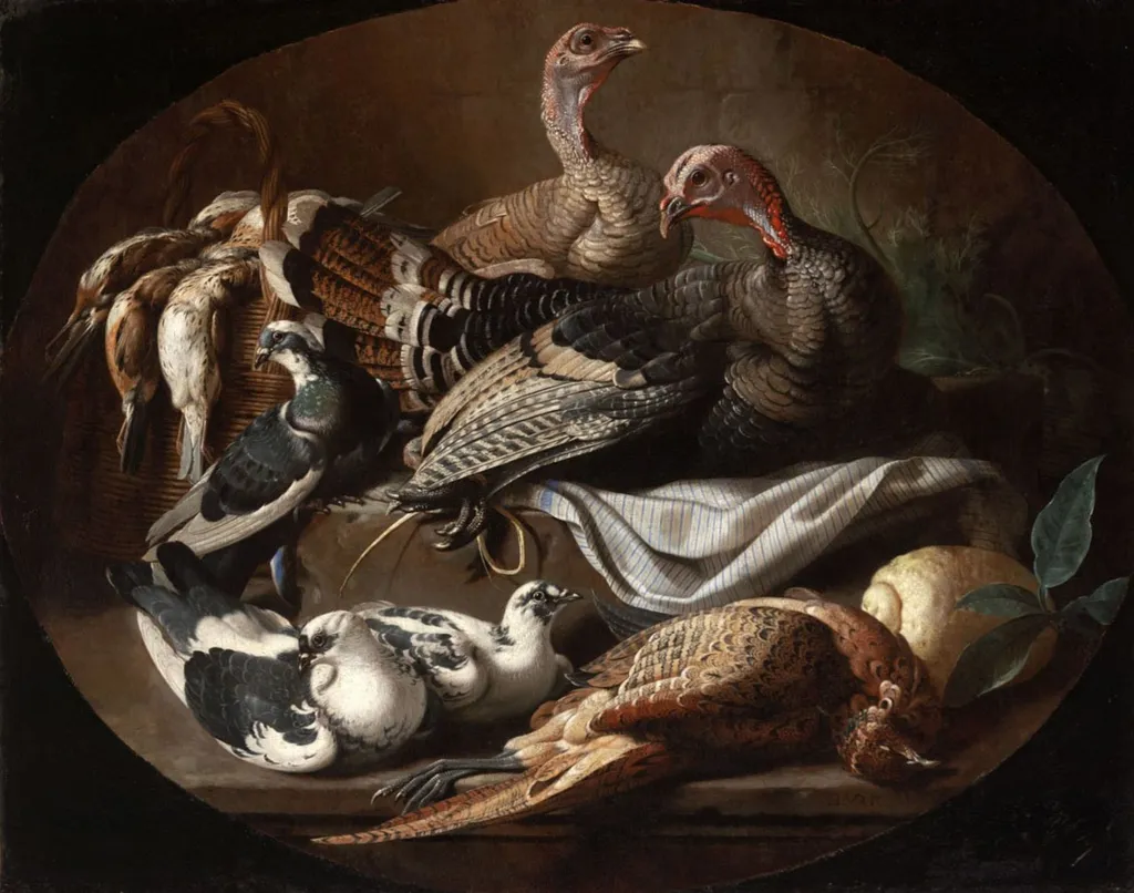 Still Life with Dead and Living Fowl, by Jacob van der Kerckhoven, oil, 1690