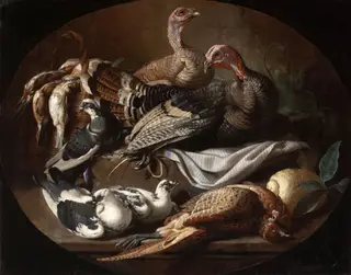 Still Life with Dead and Living Fowl, by Jacob van der Kerckhoven, oil, 1690