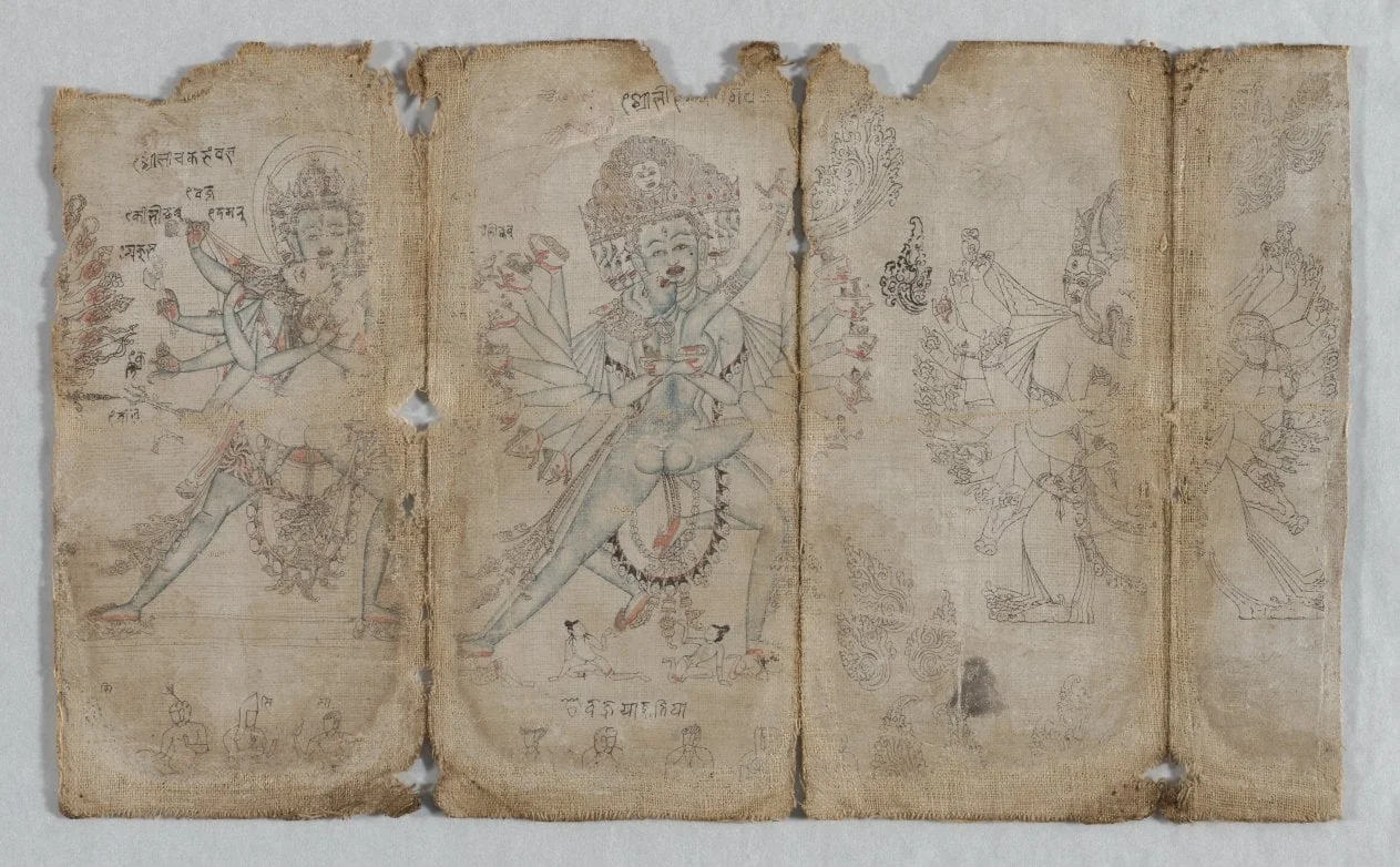 Iconographic Drawings: Chakrashamvara with Vajravarahi, Hevajra with Nairatmya, and Yamantaka (verso), detail