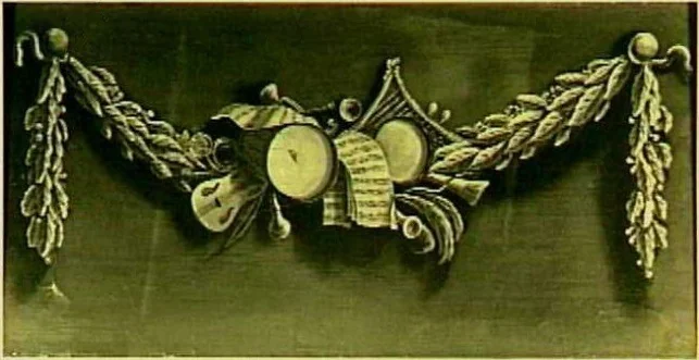 Decoratiestuk met een guirlande van muziekinstrumenten en bladmuziek, detail