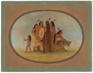 Four Mandan Warriors, a Girl, and a Boy, by George Catlin, oil, 1865