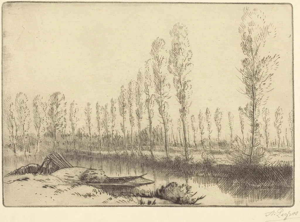 Poplars near Amiens (Pres d'Amiens, les tourbieres), by Alphonse Legros, ink, 1874