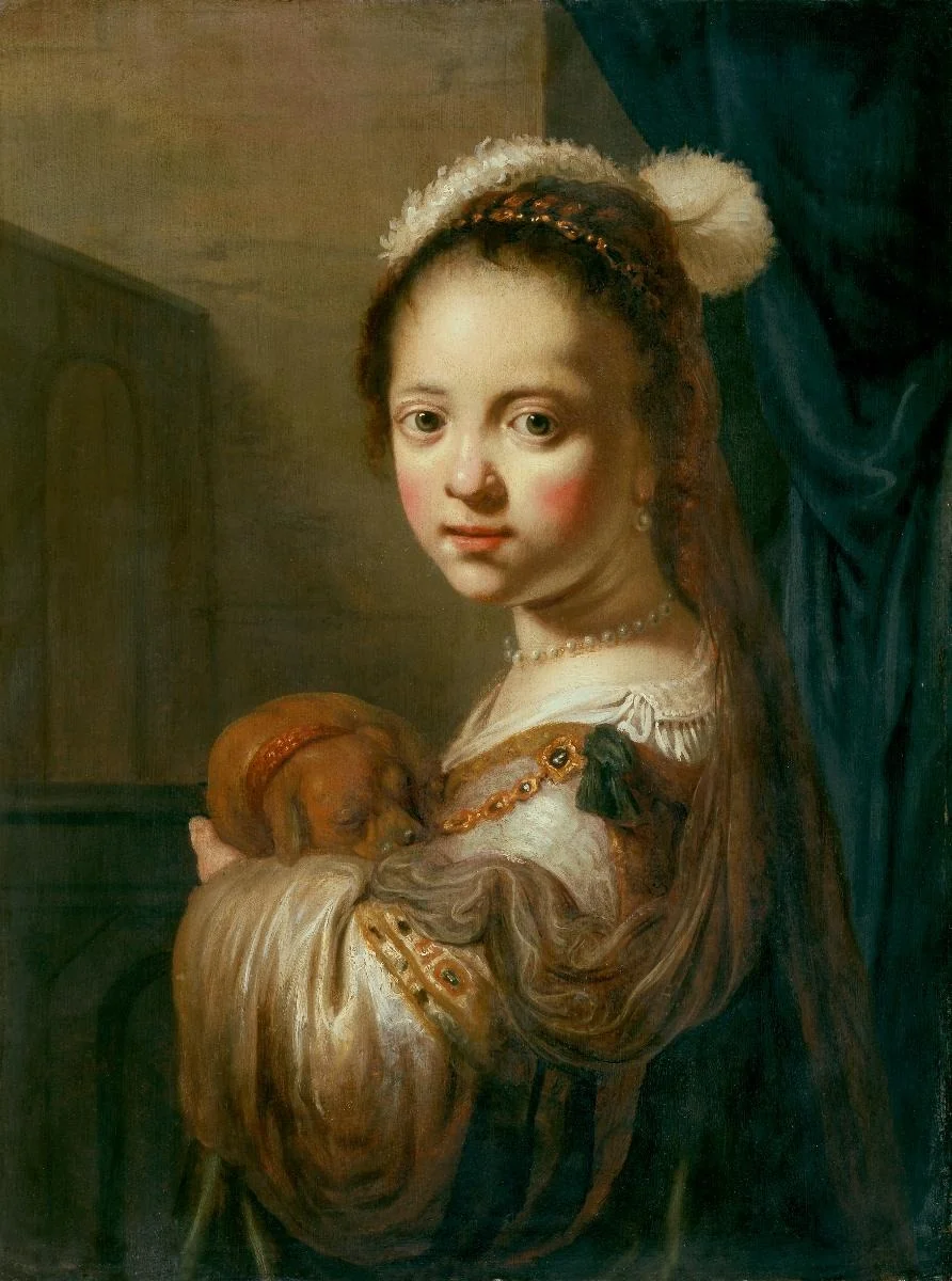 Mädchen mit einem kleinen Hund im Arm, detail