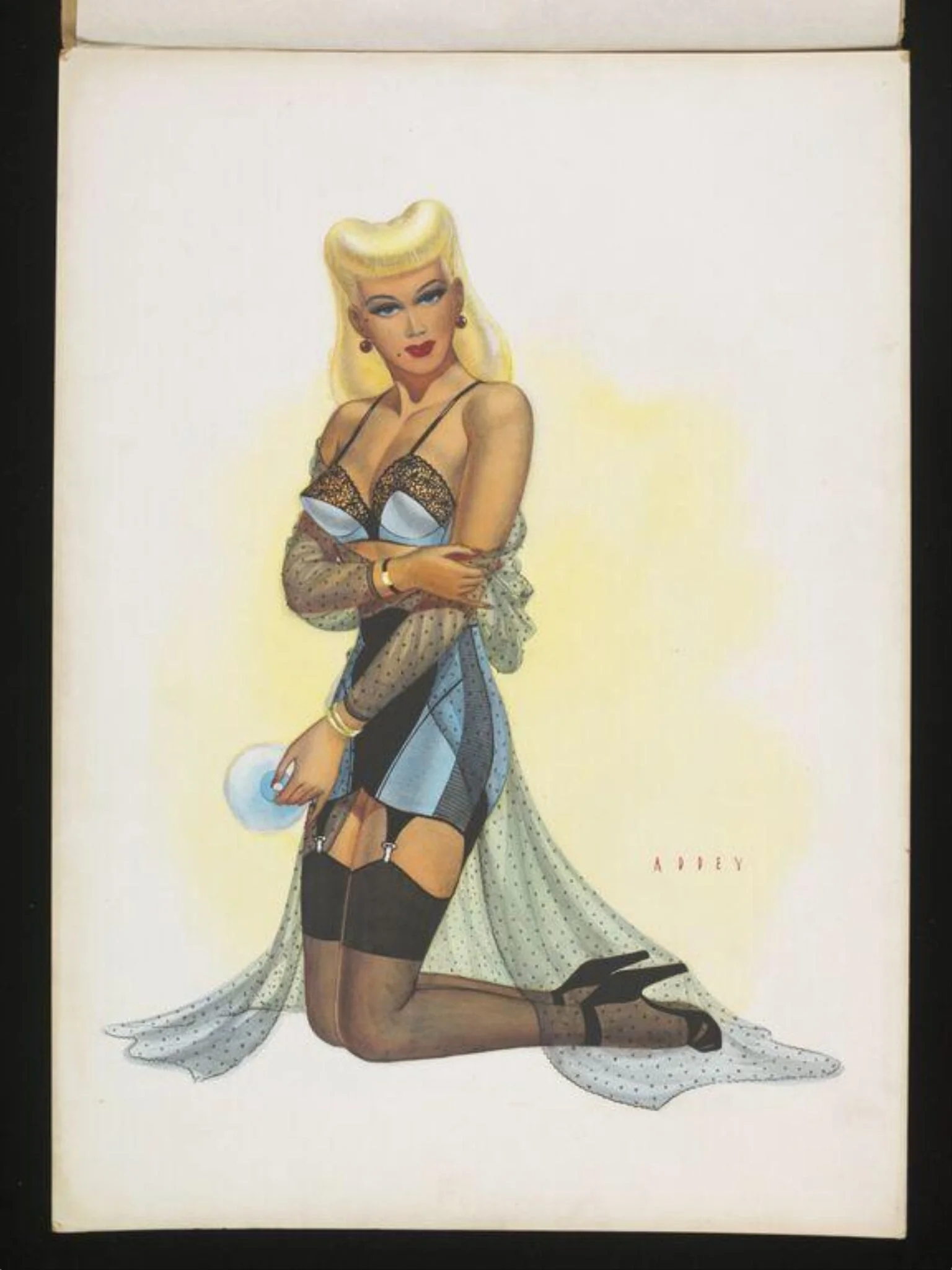 'Pin-up' girl wearing a slip, stockings and suspenders, detail