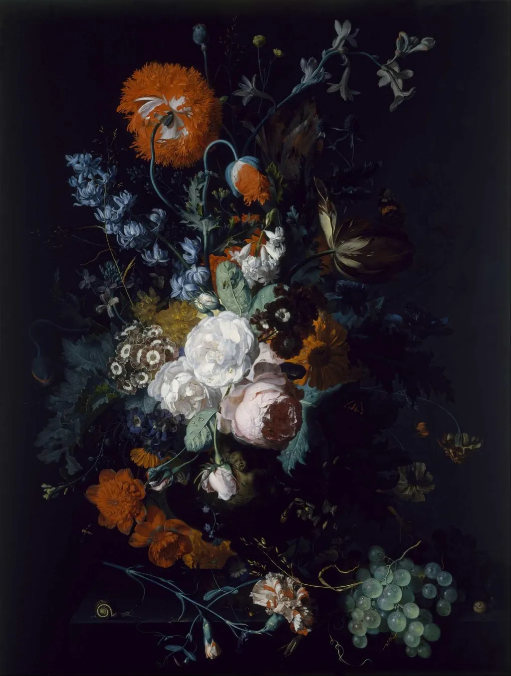 Still Life of Flowers and Fruit, by Jan van Huysum, oil, 1716