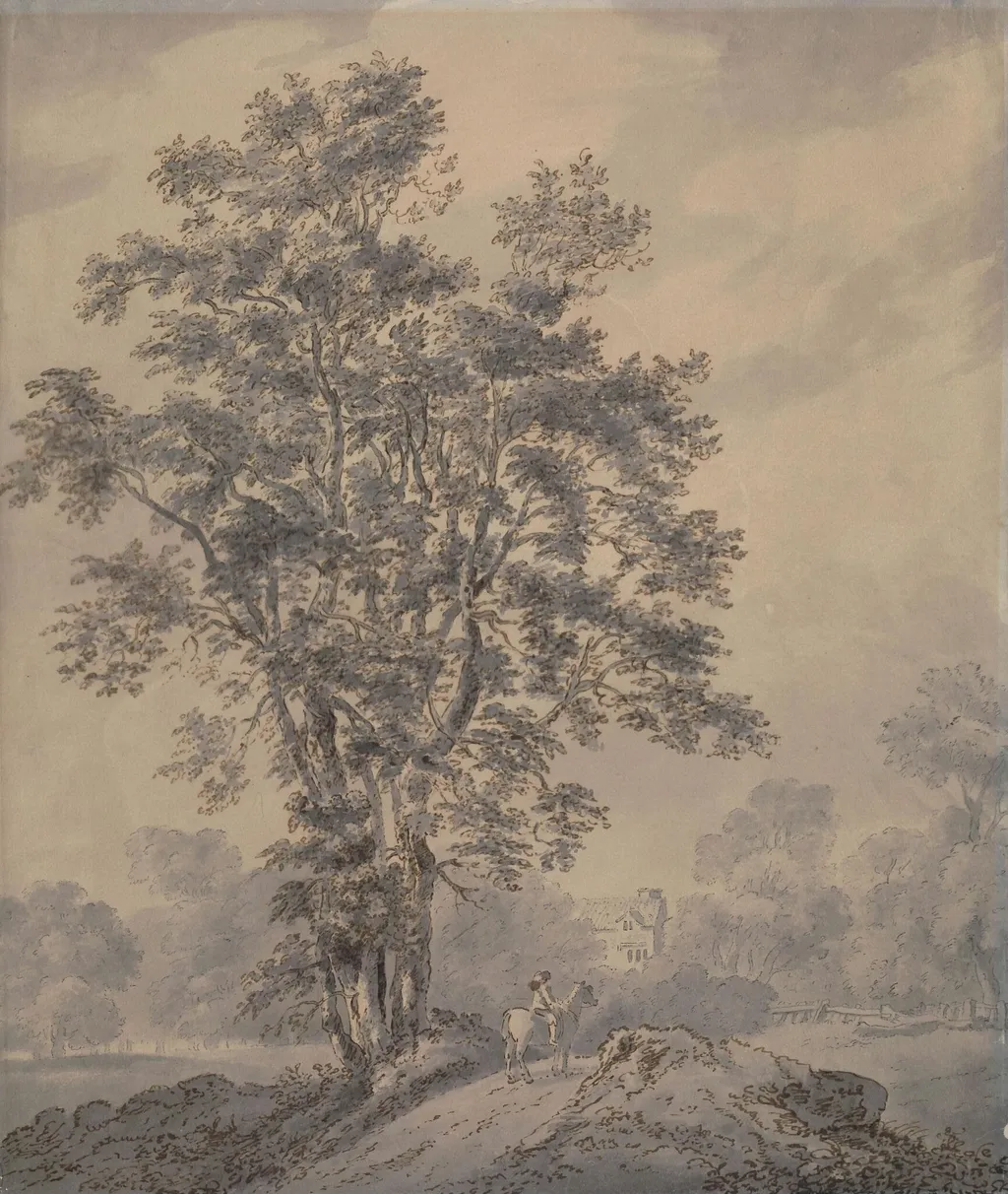 Landscape, with man on horseback, by Farington, watercolor, 1750