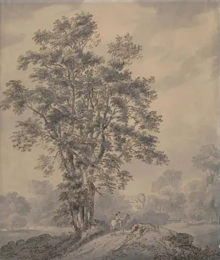 Landscape, with man on horseback, by Farington, watercolor, 1750